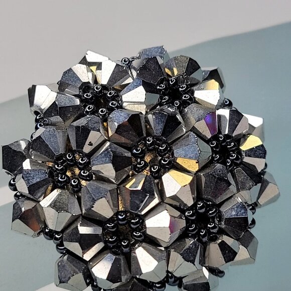 Silver Sparkling Crystal Ring Bicone Beads Cluster Ring Glitter Stretch Ring - Picture 3 of 10